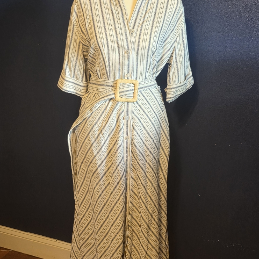 Striped Button-Front Belted Maxi Dress - Cream & Navy